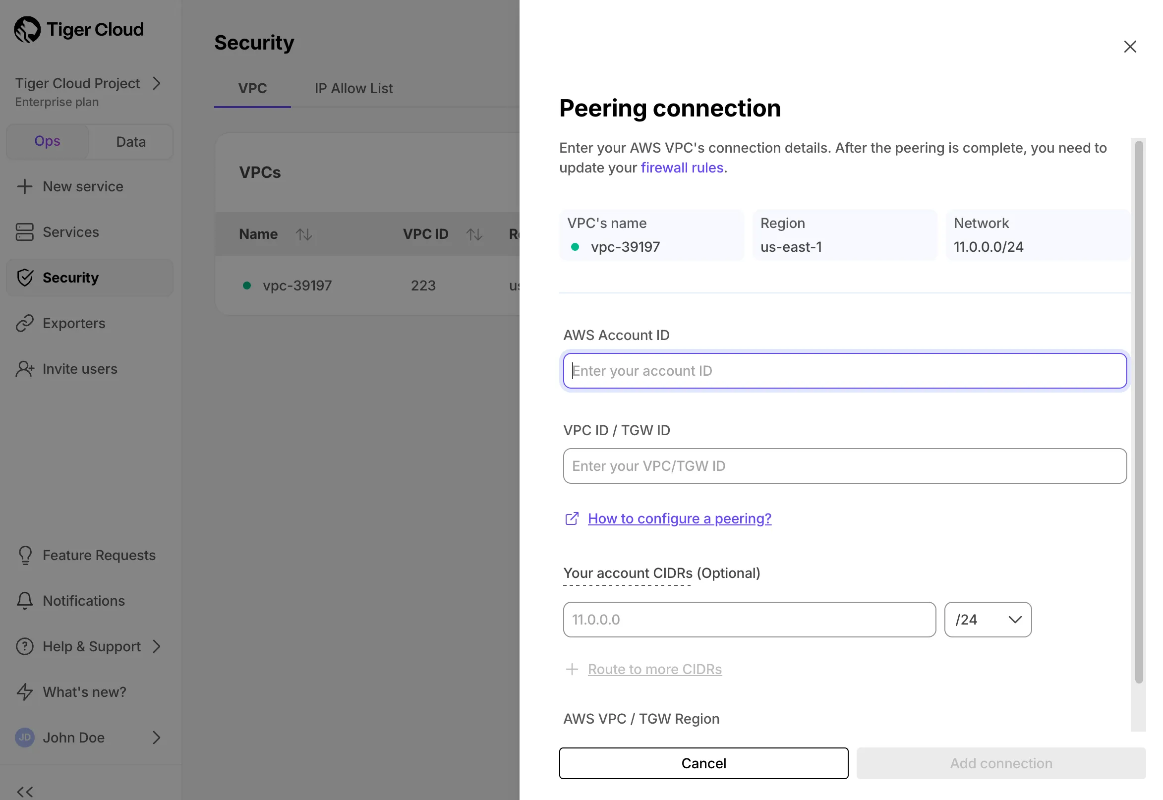 Adding a peering connection with AWS account ID and Transit Gateway details