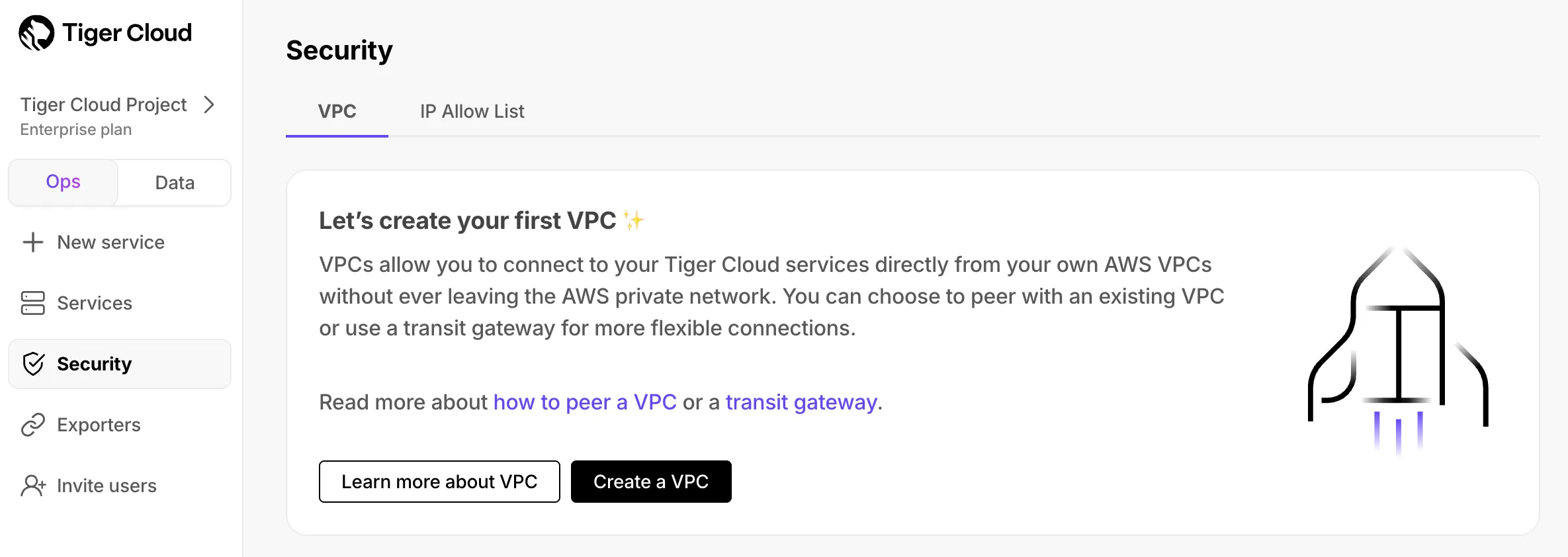 Creating a new peering VPC in Tiger Console