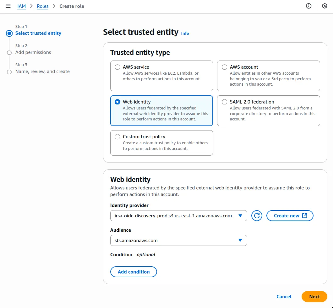 Creating a web identity IAM role in AWS