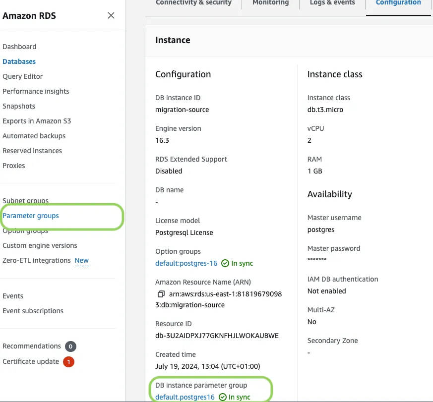 RDS parameter groups in the AWS console