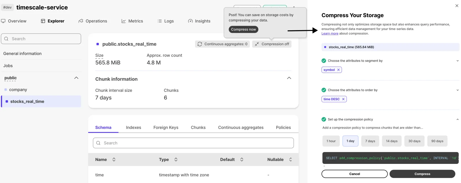Run the compression wizard in Timescale Console