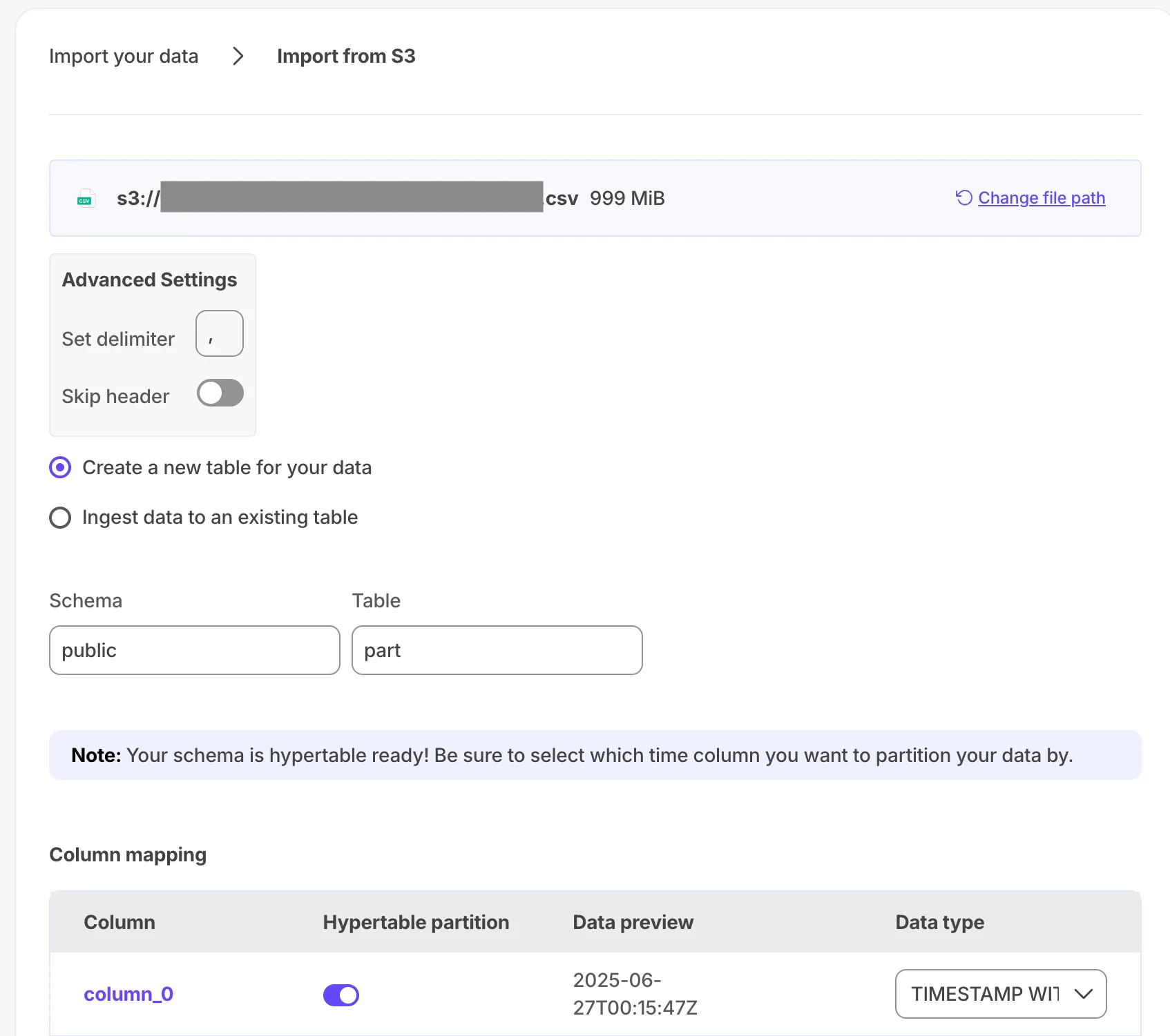 Configuring CSV import from S3 in Tiger Console