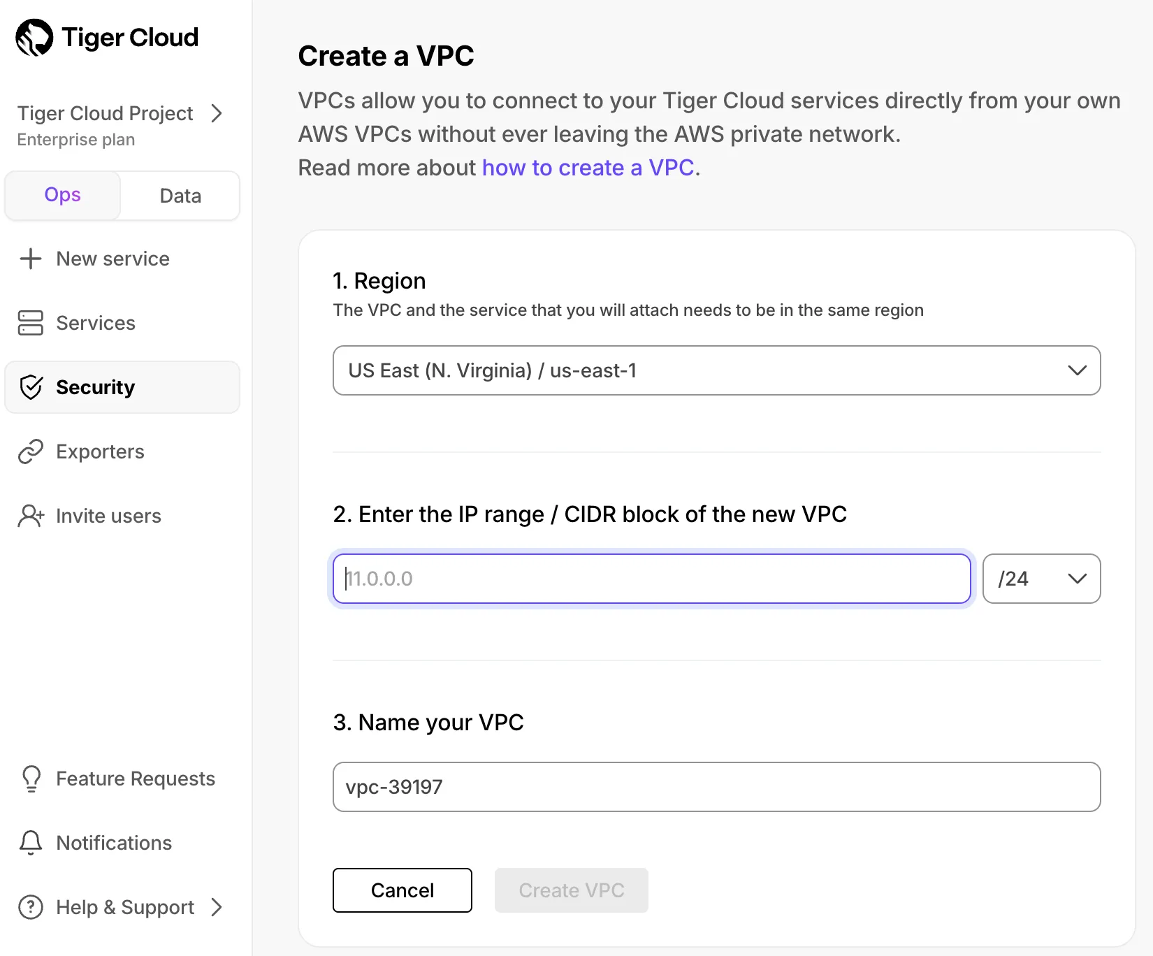 Configuring VPC region, IP range, and name
