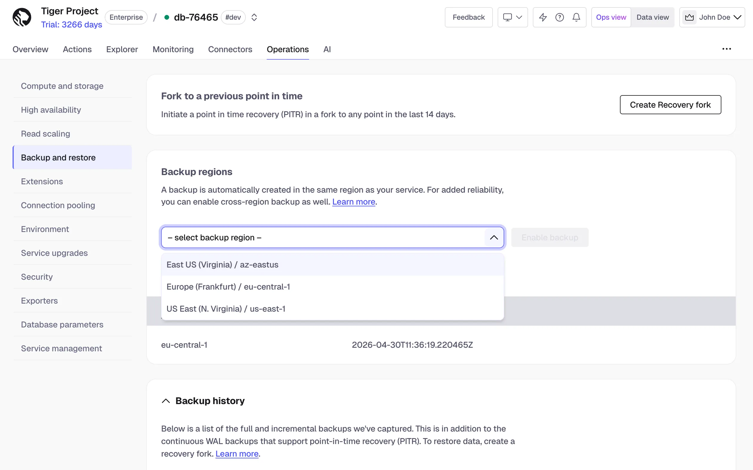 Creating a cross-region backup in Tiger Console