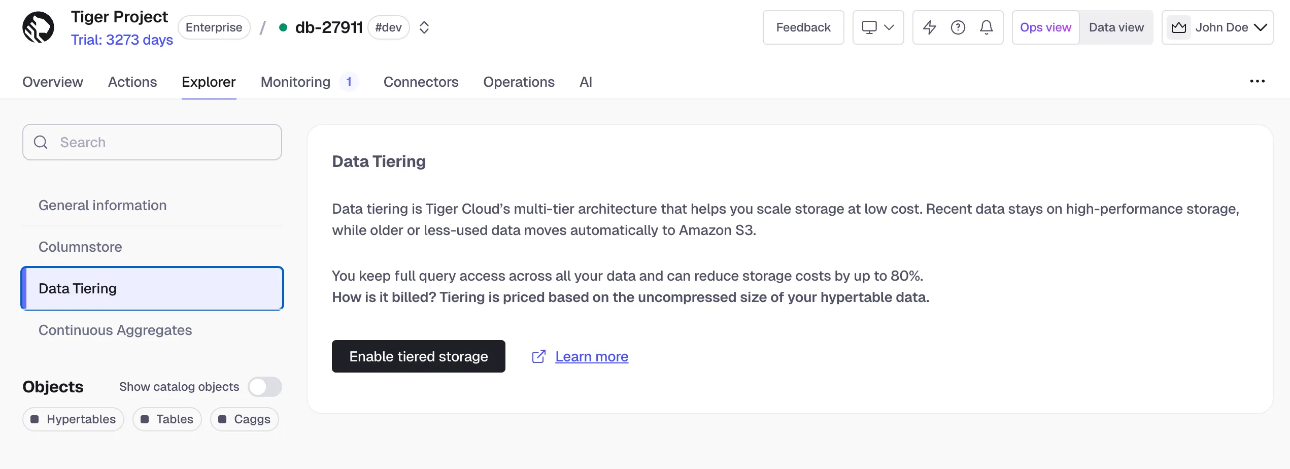 Enabling tiered storage in Tiger Console