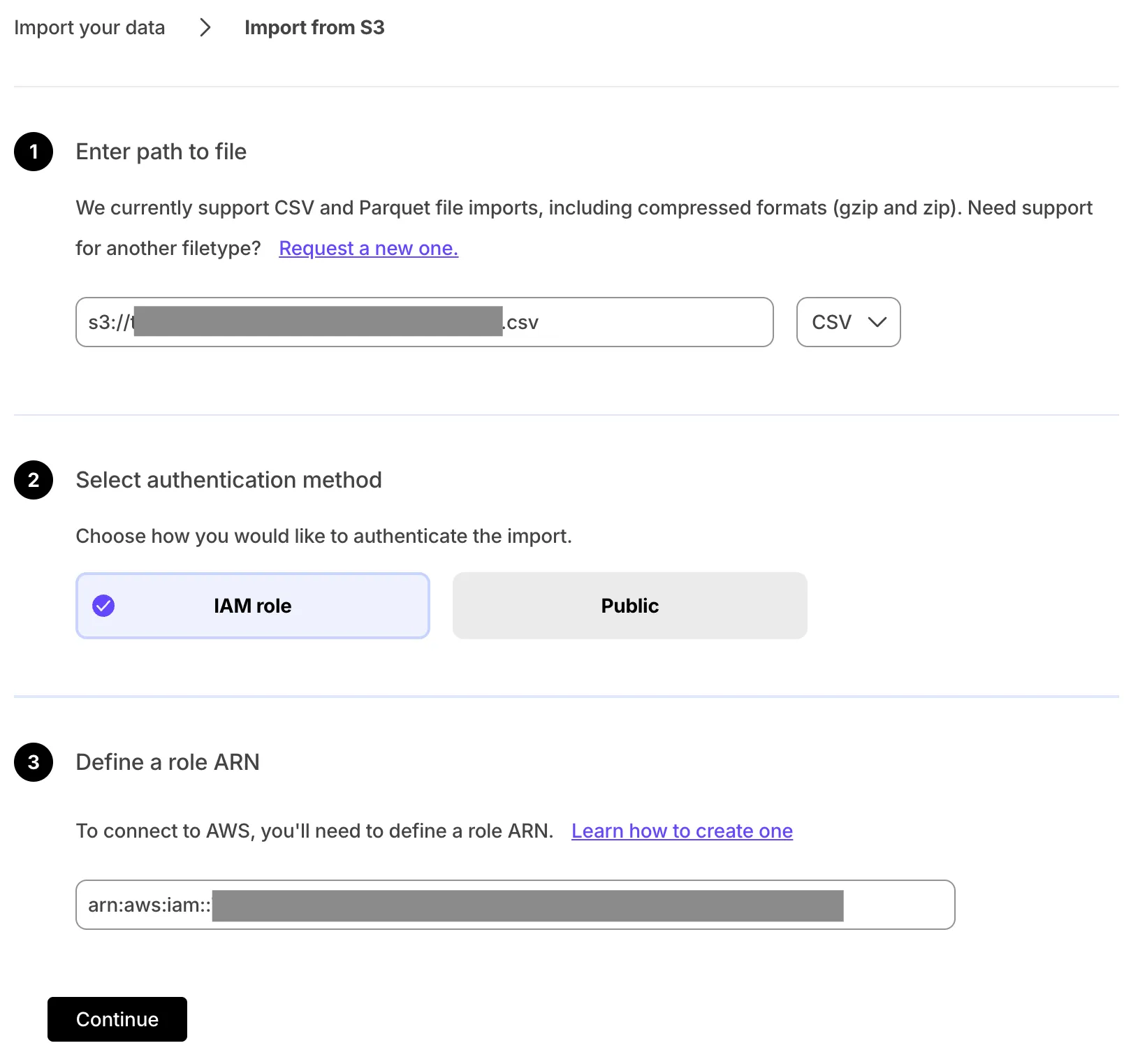 Importing a CSV file from S3 in Tiger Console