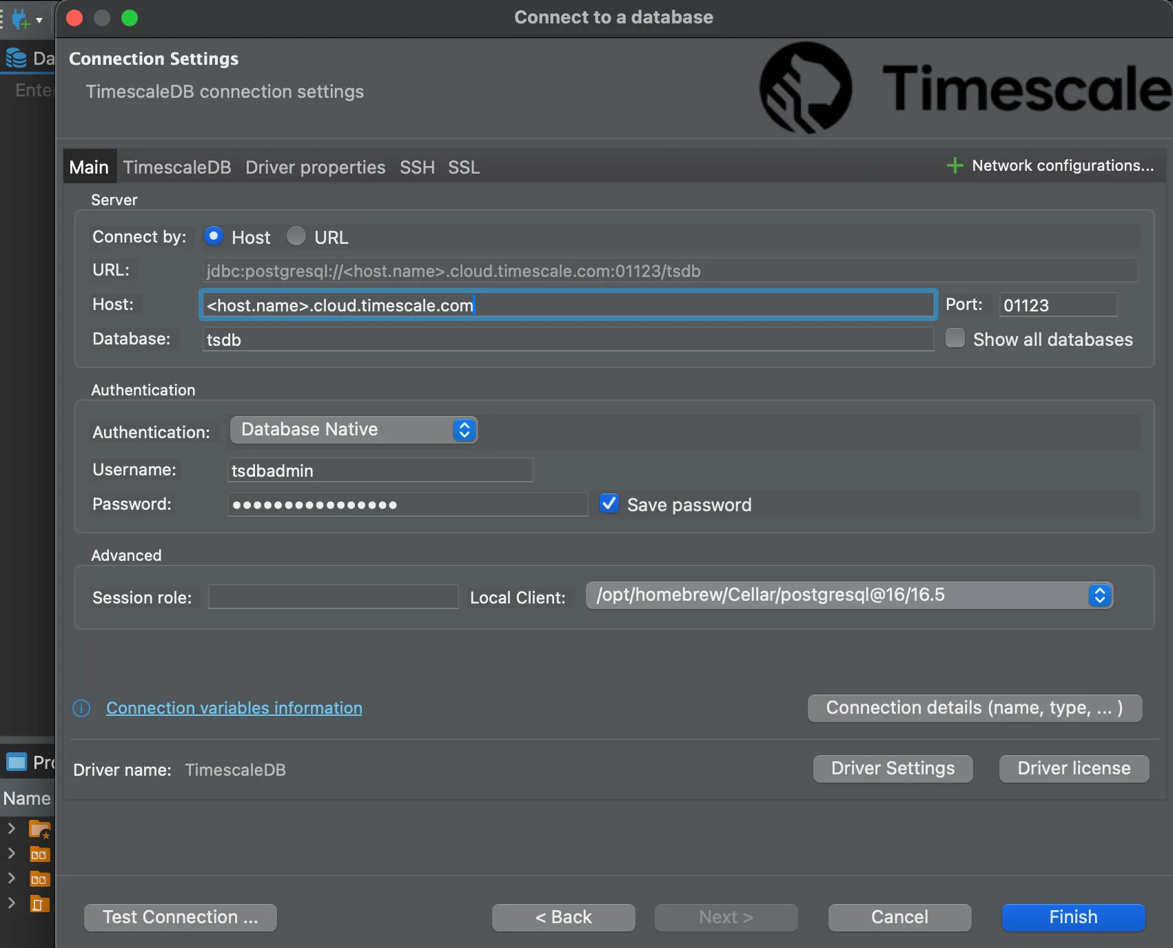 DBeaver connected to a Tiger Cloud service