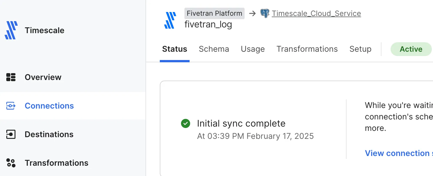 Fivetran synced data in a Tiger Cloud service