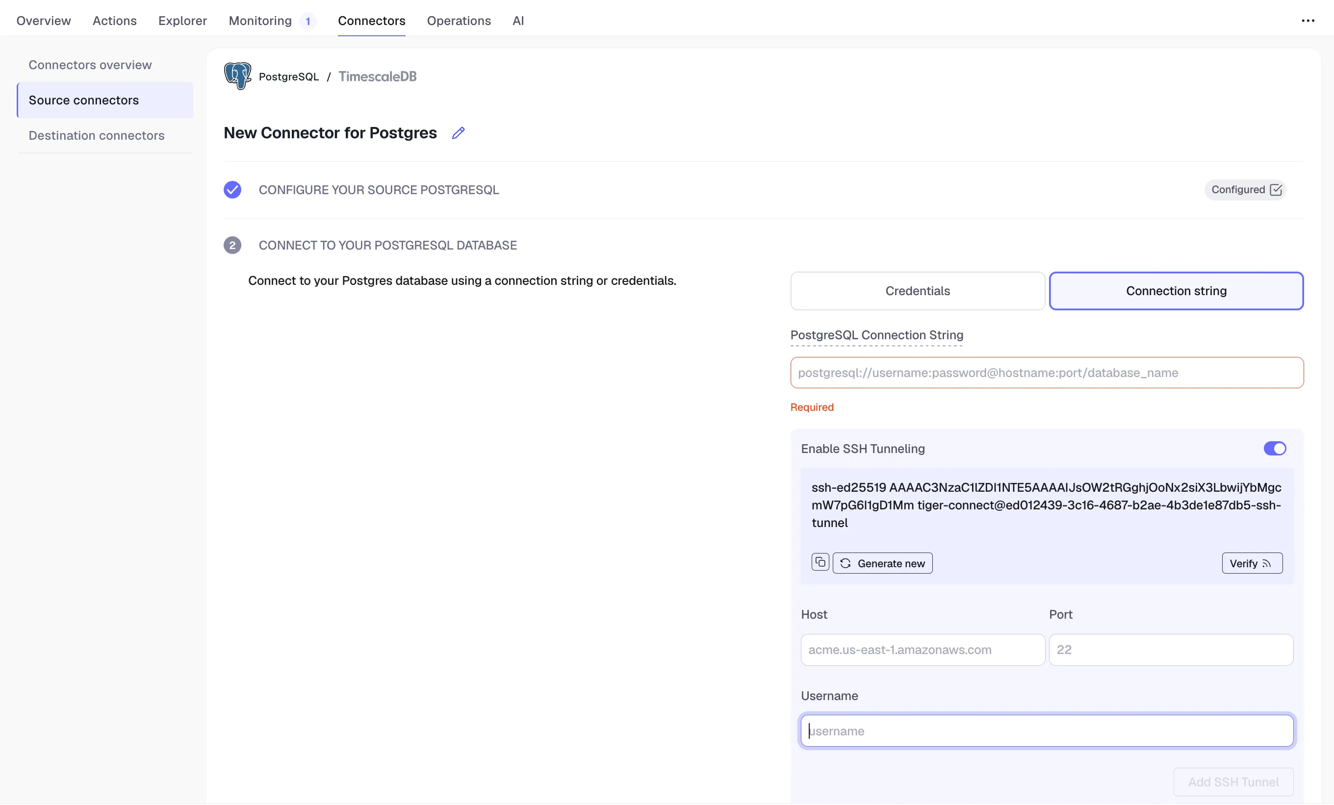 PostgreSQL connector connection string in Tiger Console