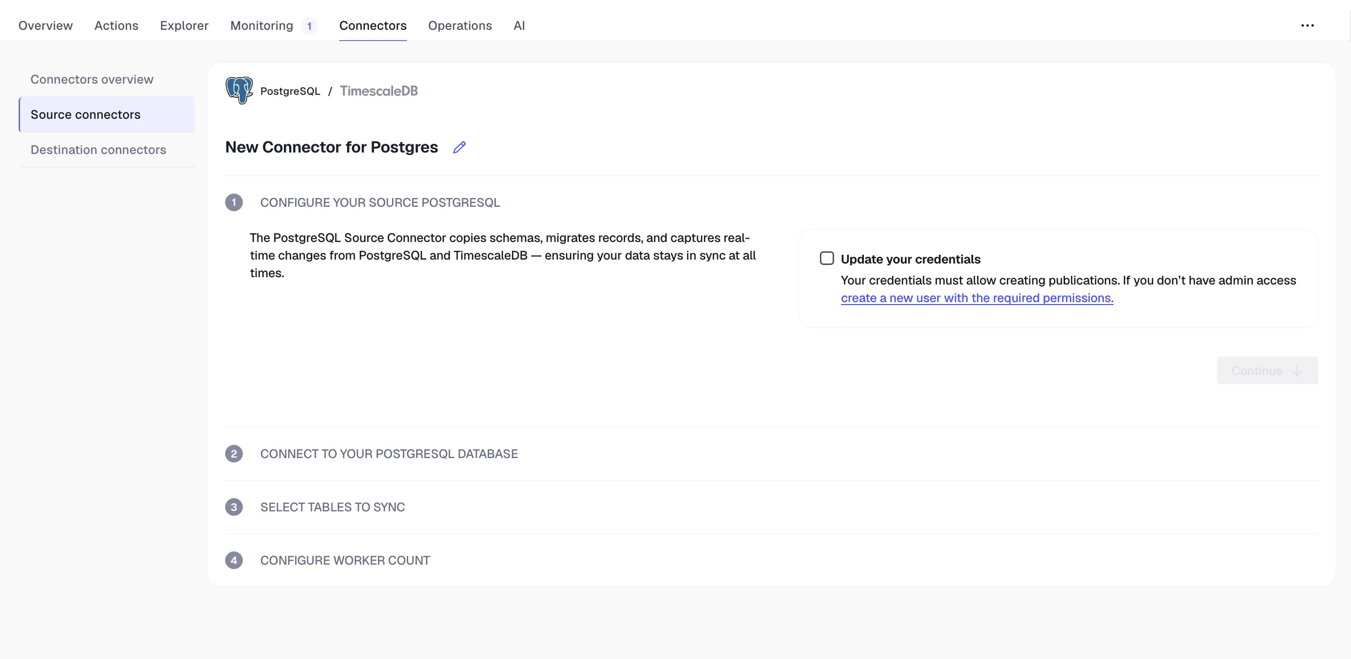 PostgreSQL connector wizard in Tiger Console