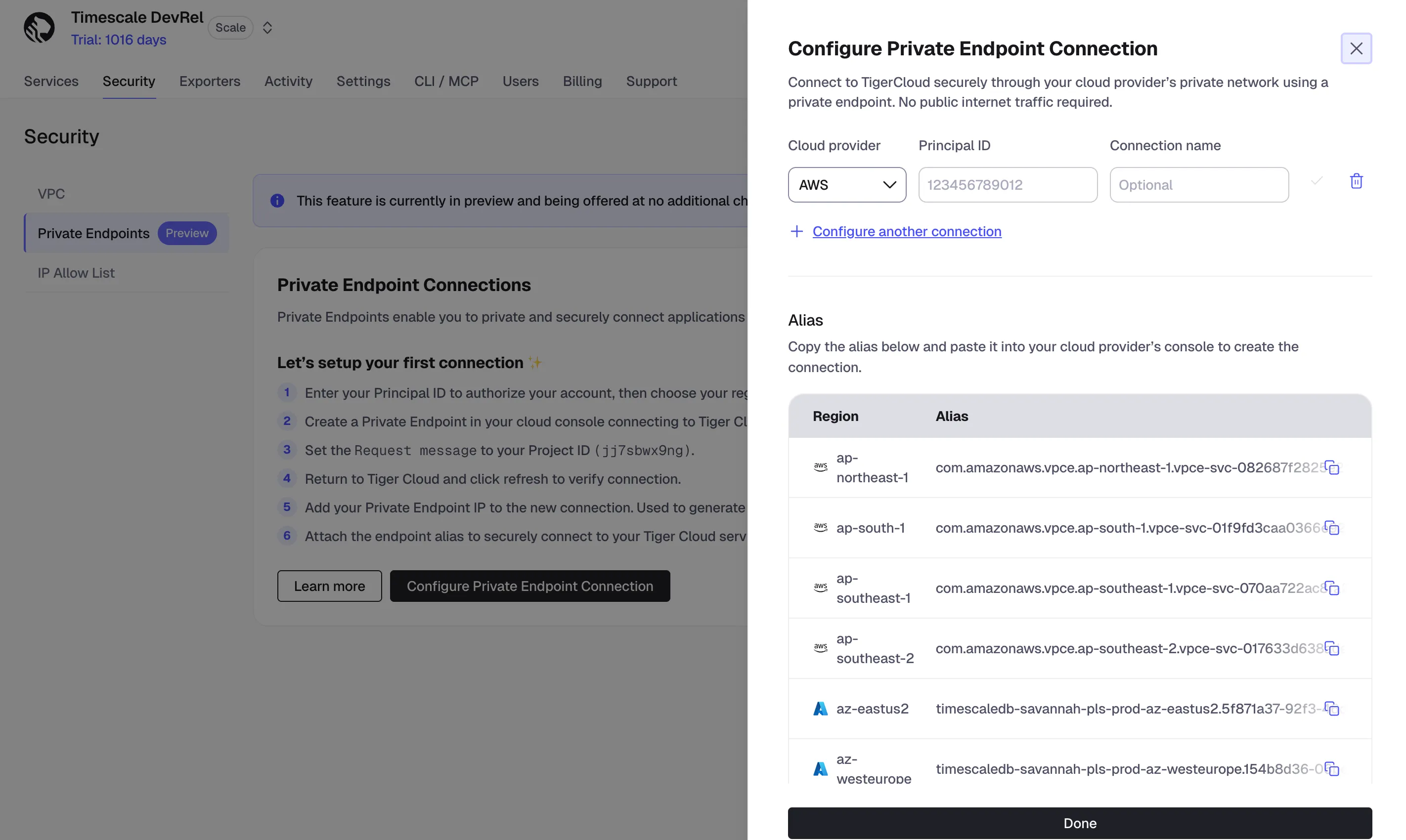 Configure private endpoint connection in Tiger Cloud