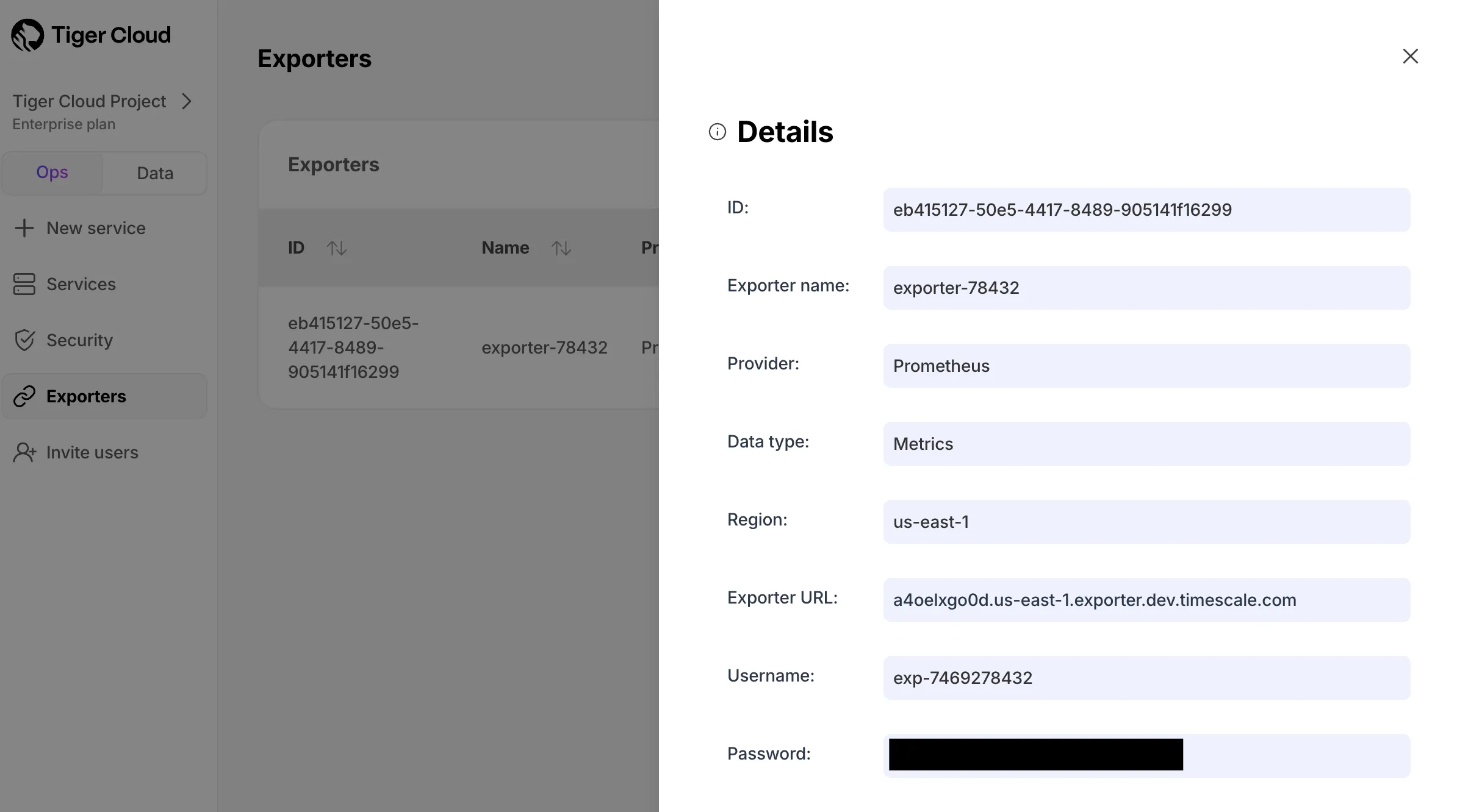 Prometheus exporter details showing endpoint and credentials