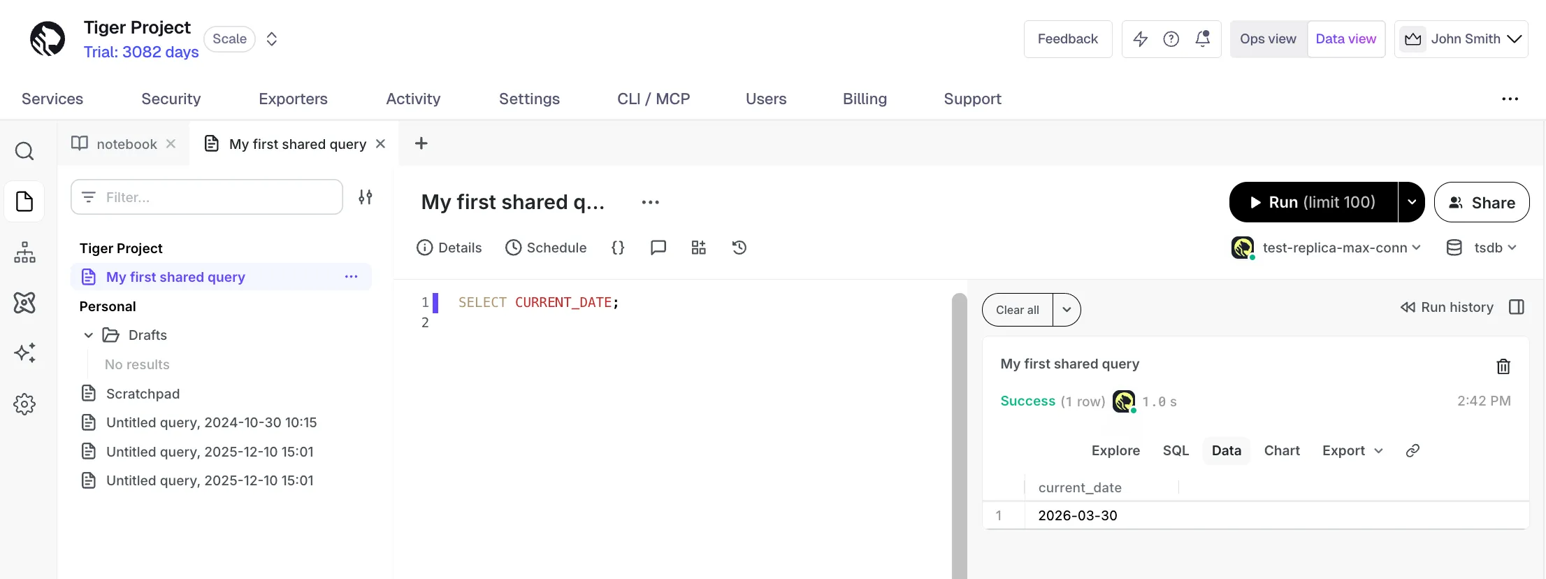 Running a query in the Tiger Console scratchpad