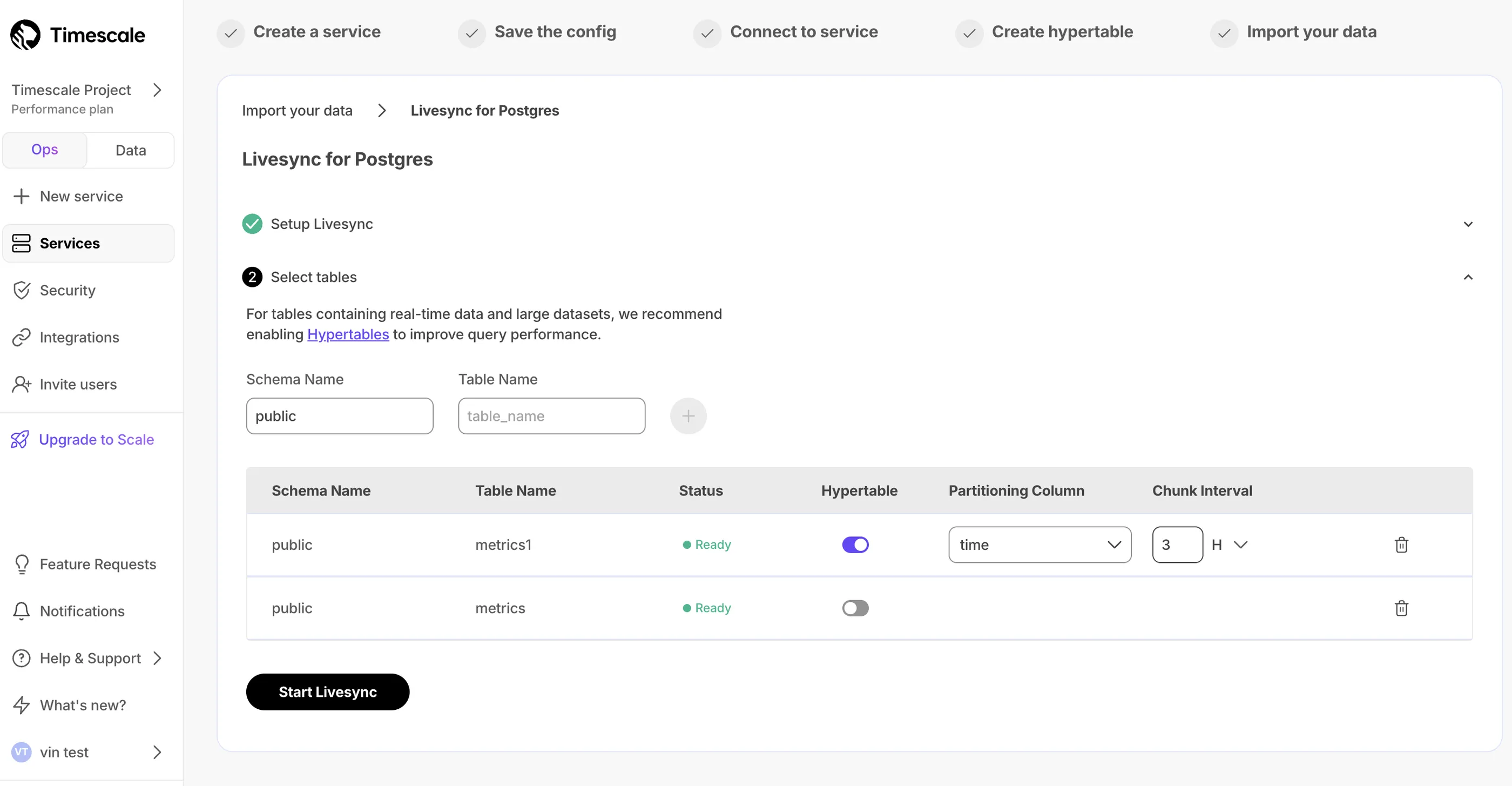Select tables for Livesync