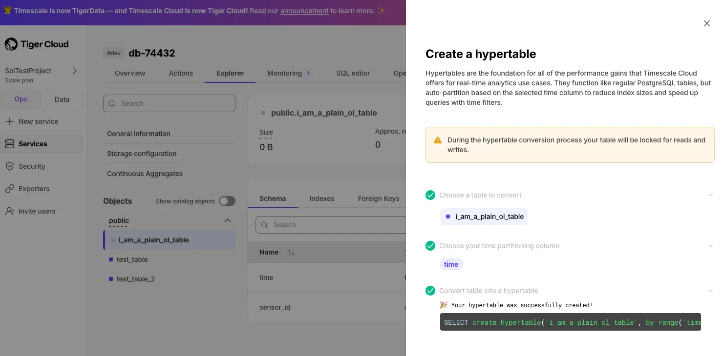 Transform a table to a hypertable