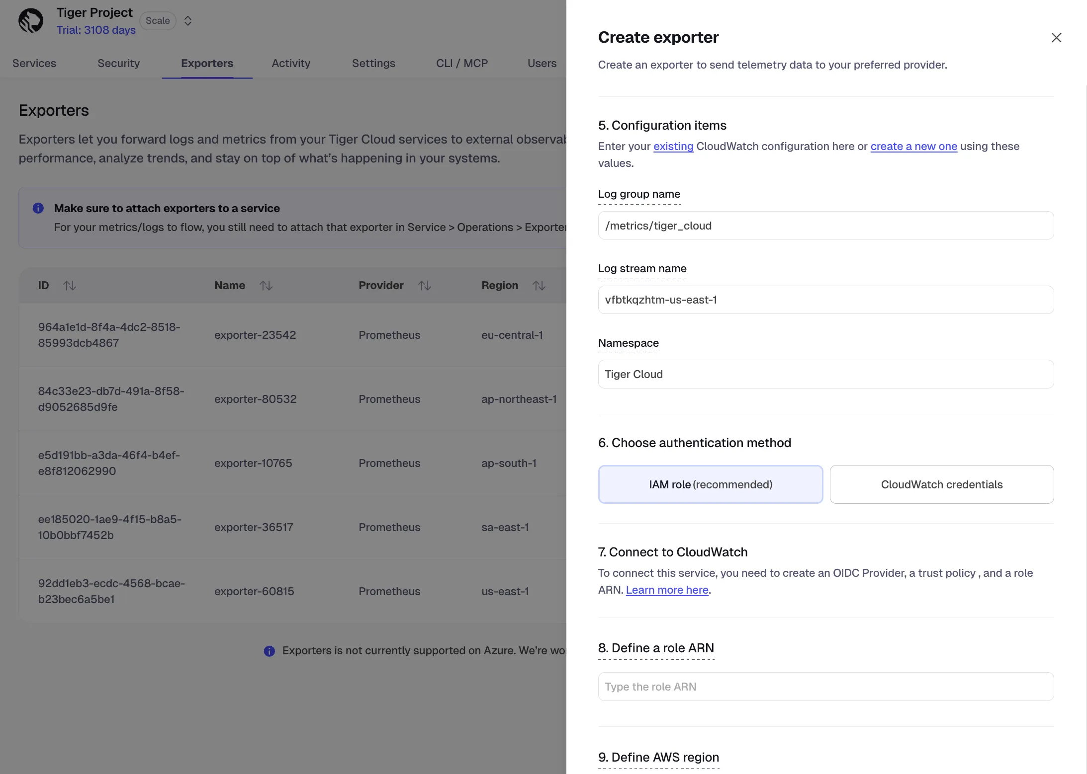 Configuring CloudWatch authentication in Tiger Console