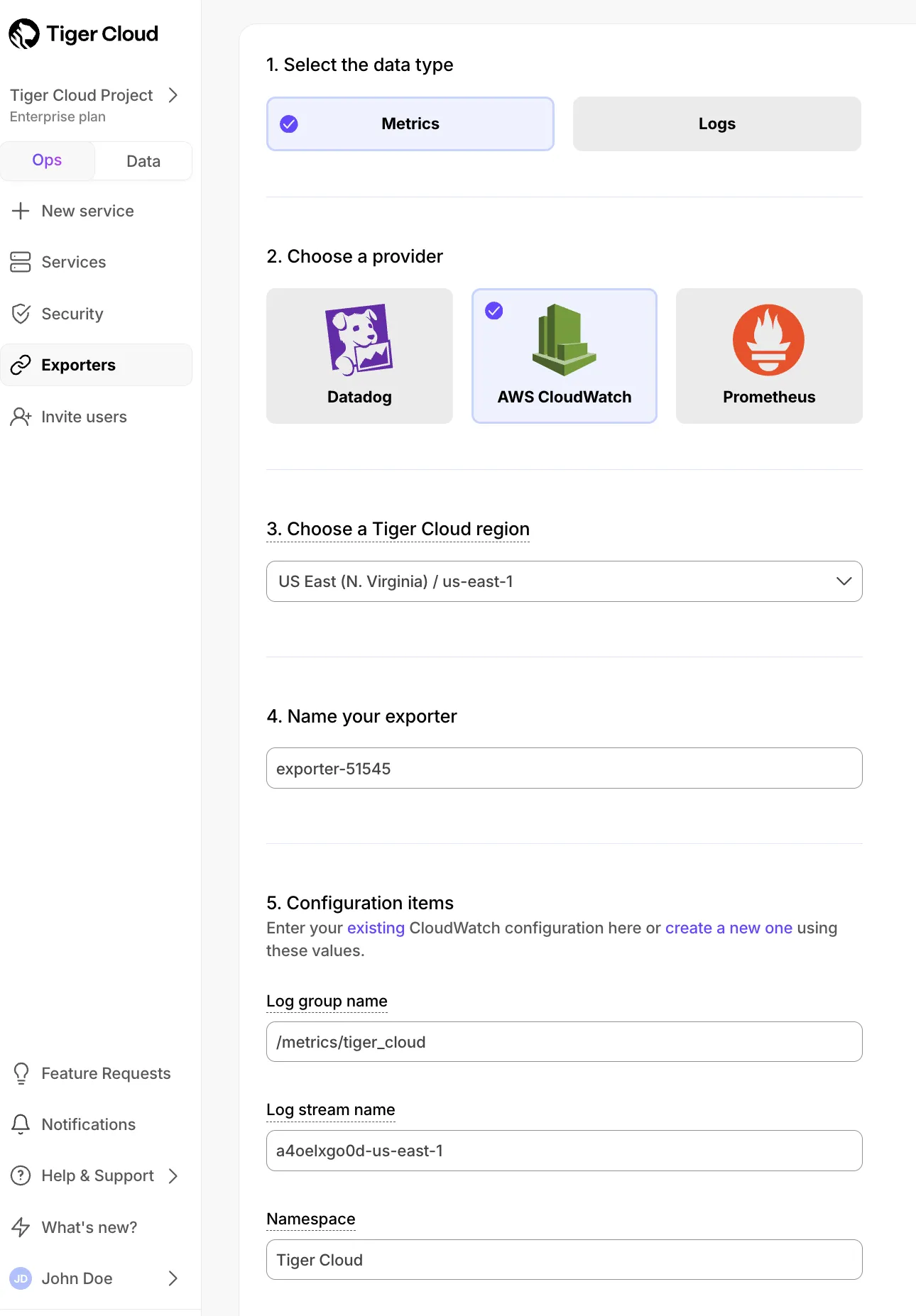 Adding a CloudWatch data exporter in Tiger Console