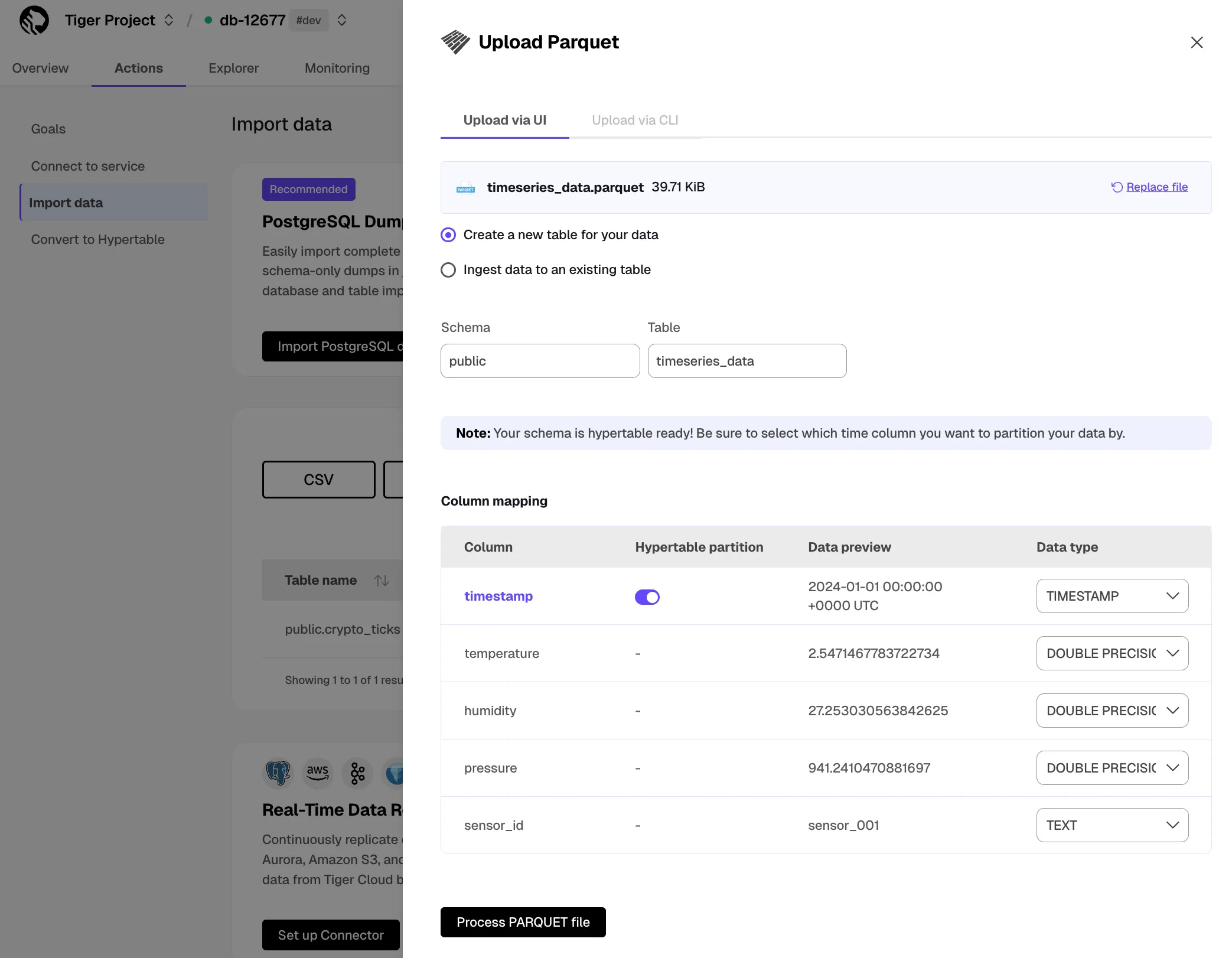 Configuring Parquet file import settings in Tiger Console