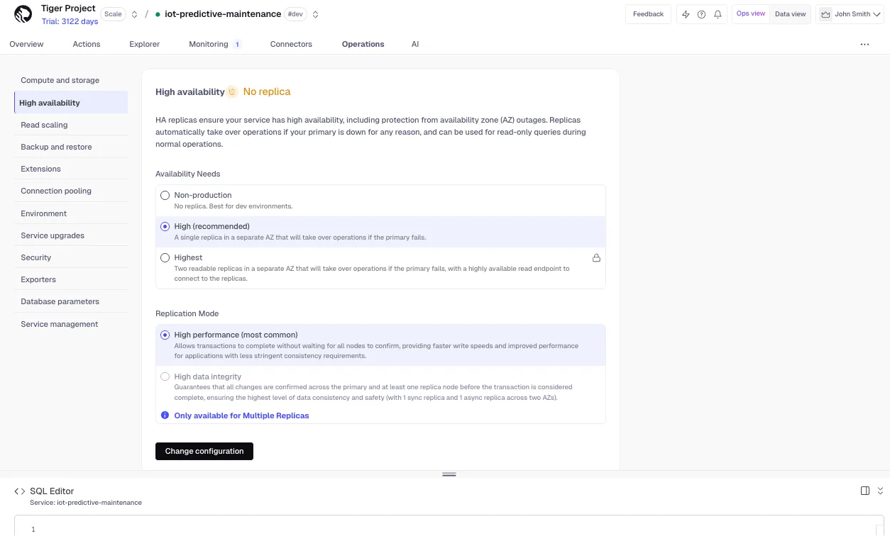 High availability replica configuration in Tiger Console