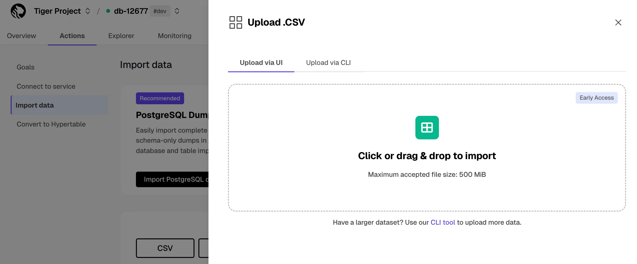 Uploading a CSV file in Tiger Console