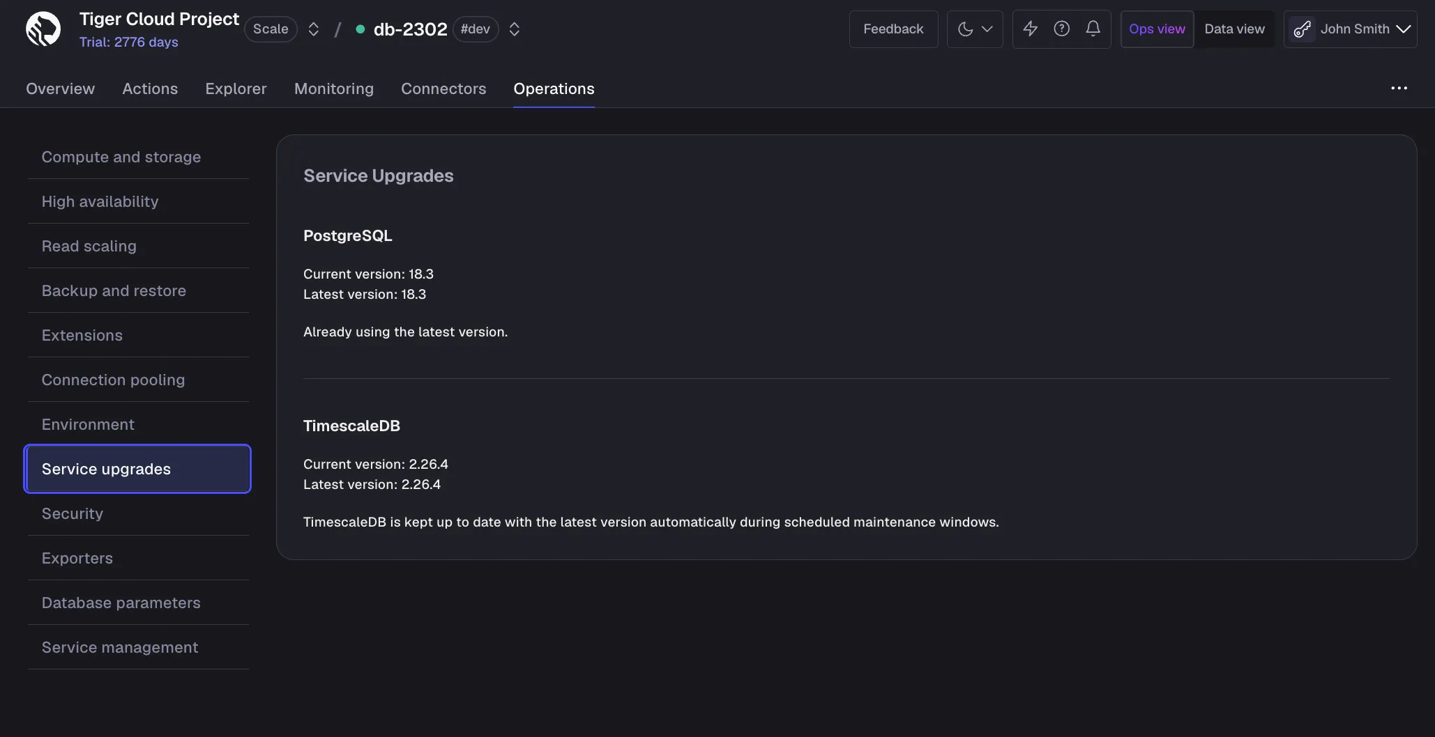 Service upgrades panel in Tiger Console showing current and latest PostgreSQL and TimescaleDB versions
